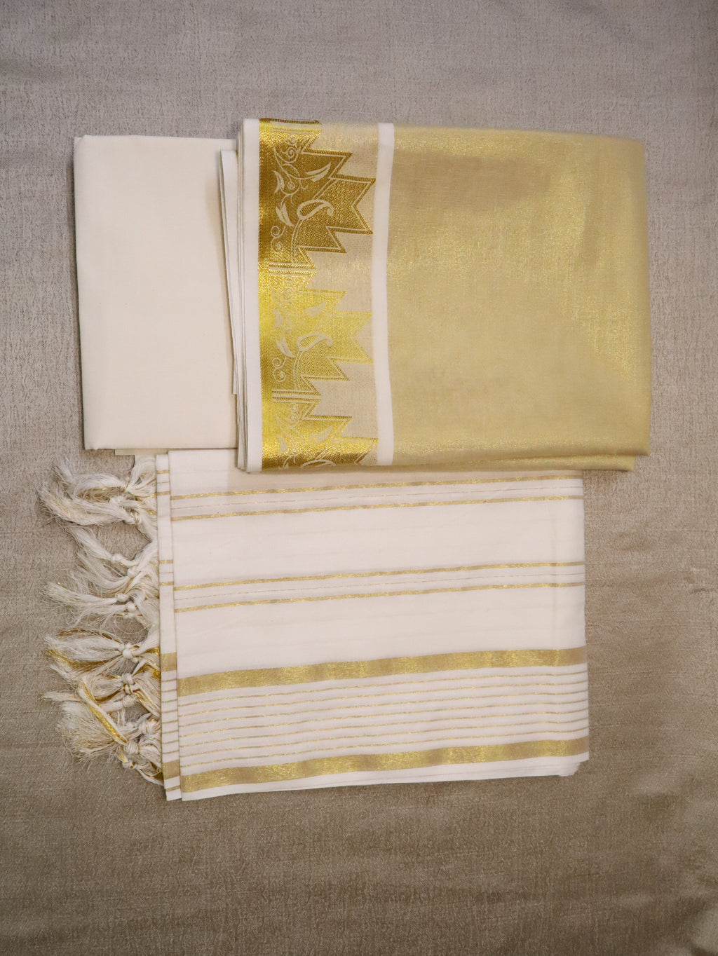Aulera Onam edit : Off-White Tissue Silk Churidar Material with Cotton Dupatta & Bottom | 3-Piece Unstitched Suit Set