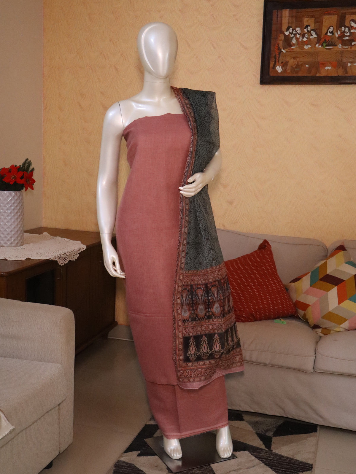 Linen Onion pink  Kurta Set material with Printed Kotta silk blend dupatta