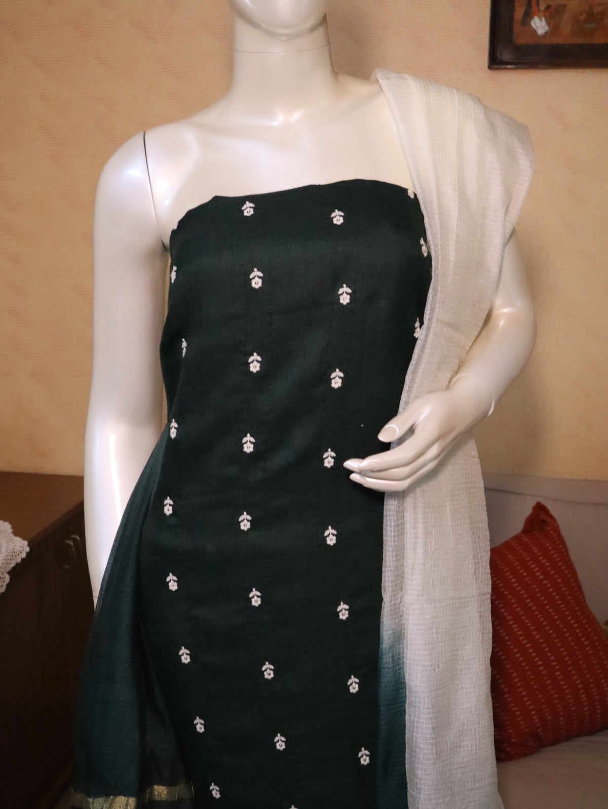 Dark Green Linen Kurta Set material with Embroidered Butas & Kota Dupatta