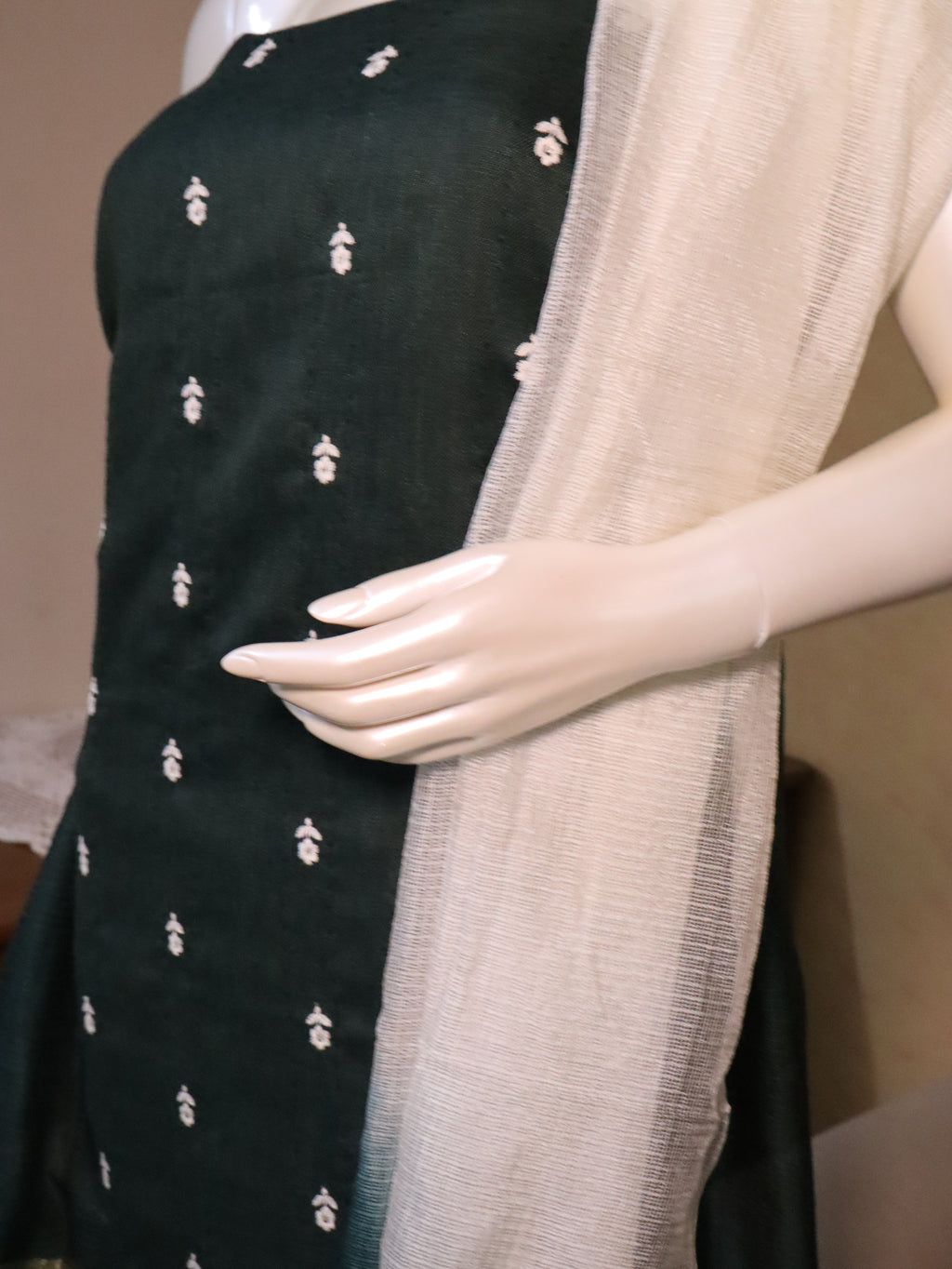 Dark Green Linen Kurta Set material with Embroidered Butas & Kota Dupatta