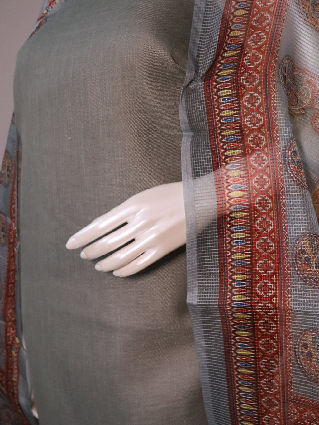 Linen Sage Green Kurta Set material with Printed Kotta silk blend dupatta