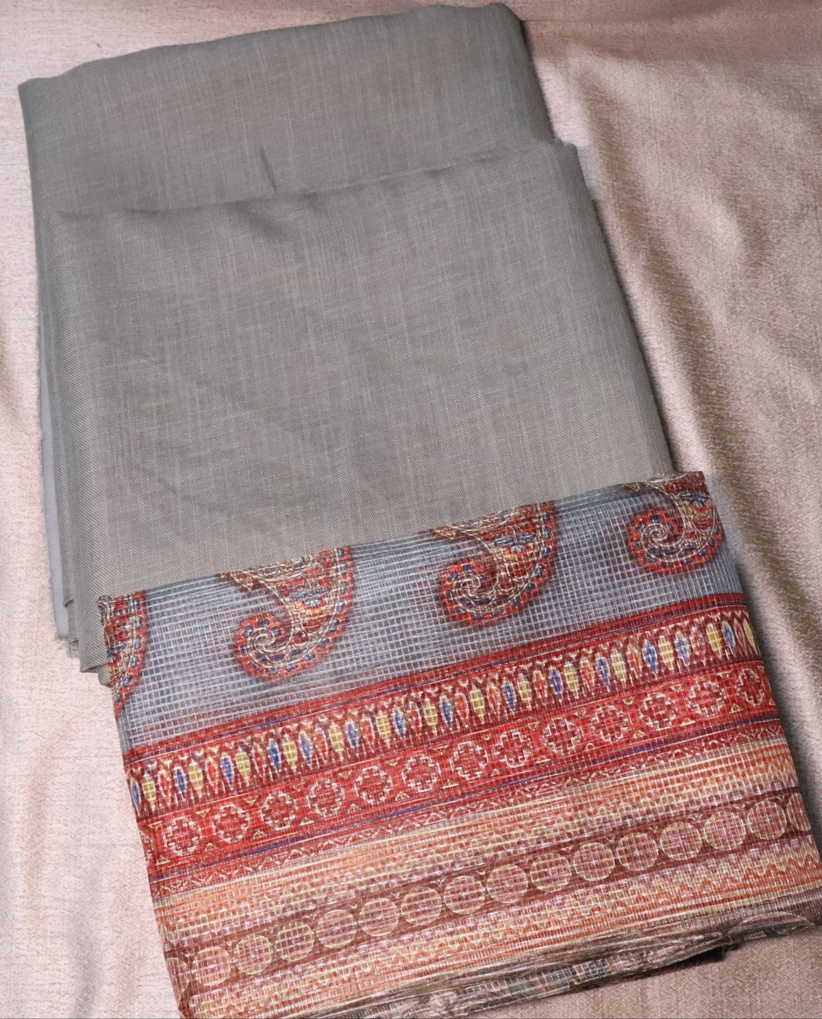 Linen Sage Green Kurta Set material with Printed Kotta silk blend dupatta