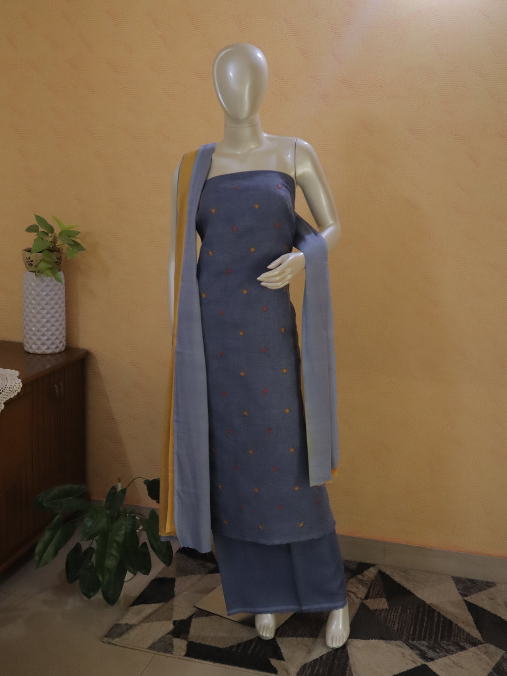 Pastel Teal Blue Linen Kurta Set material with Embroidered Butas & Mul cotton dupatta