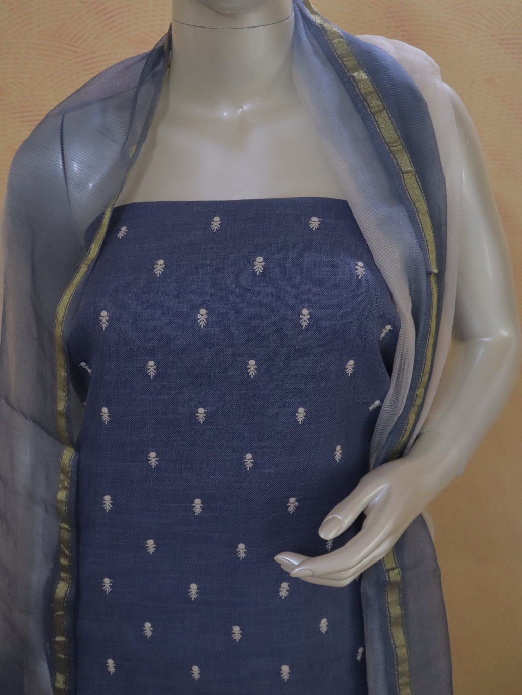 Pastel Teal Blue Linen Kurta Set material with Embroidered Butas & Glass Kotta Dupatta