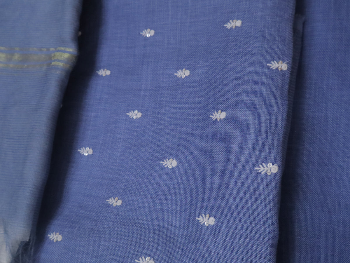 Pastel Teal Blue Linen Kurta Set material with Embroidered Butas & Glass Kotta Dupatta