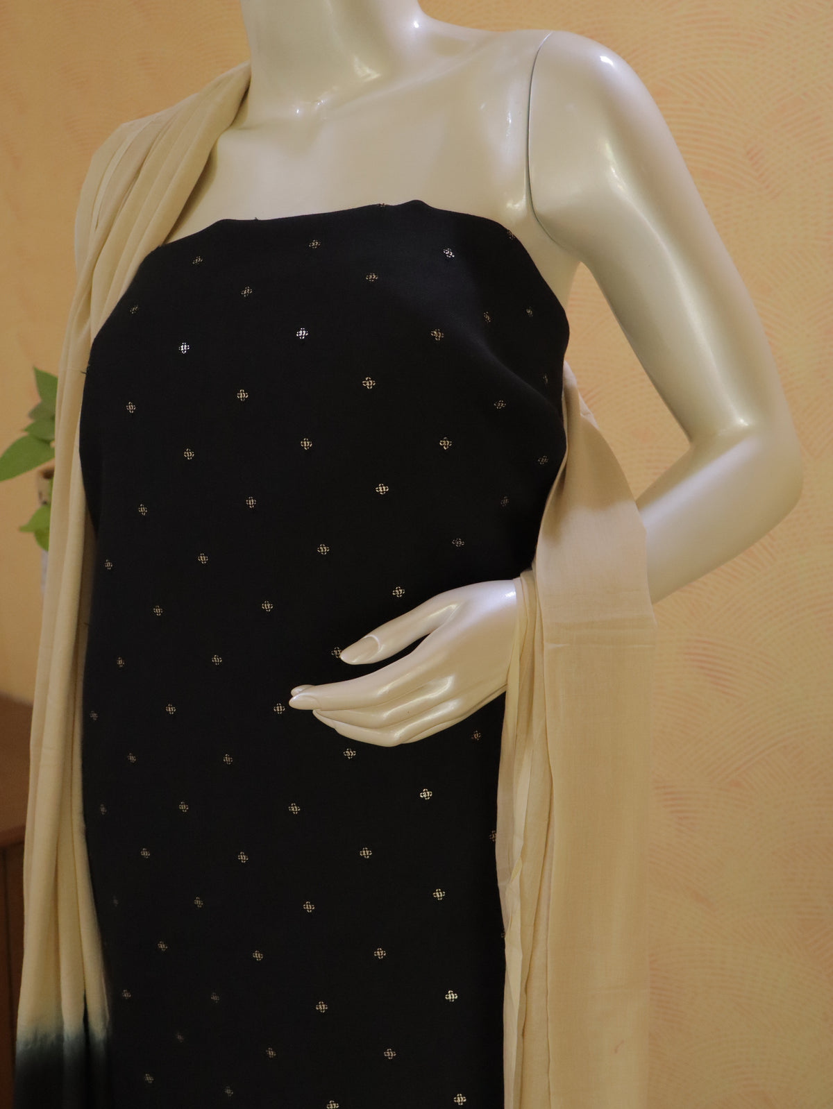 Black Linen Kurta Set material with Embroidered Butas &  Mul Cotton Dupatta