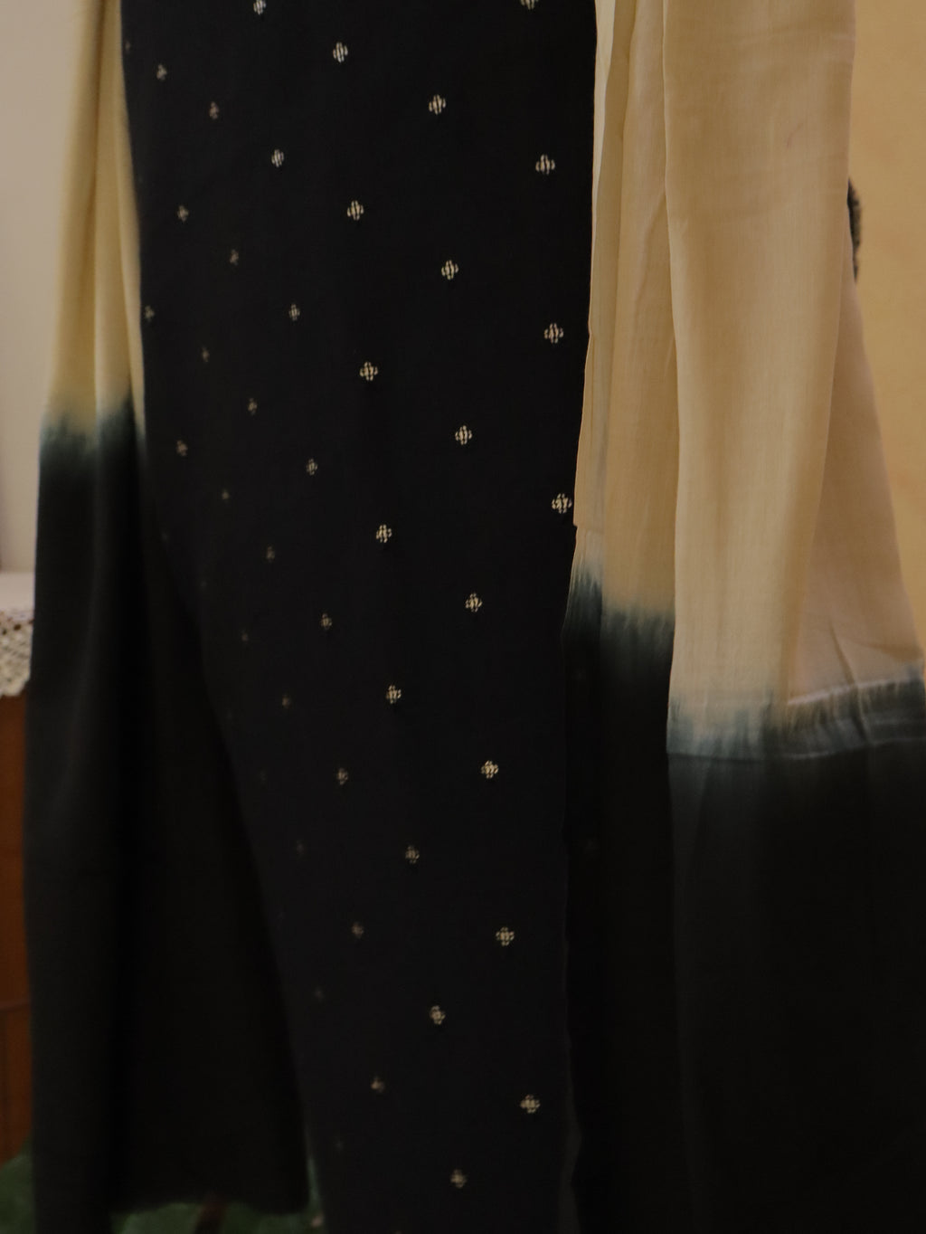 Black Linen Kurta Set material with Embroidered Butas &  Mul Cotton Dupatta