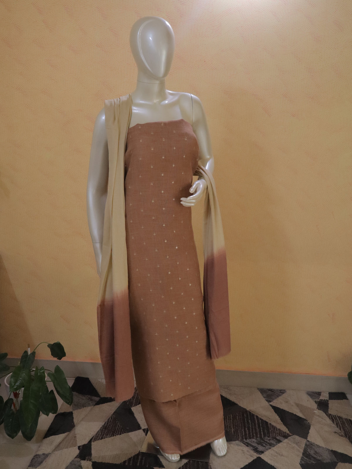 Chocolate Light Brown  Linen Kurta Set material with Embroidered Butas &  Mul Cotton Dupatta