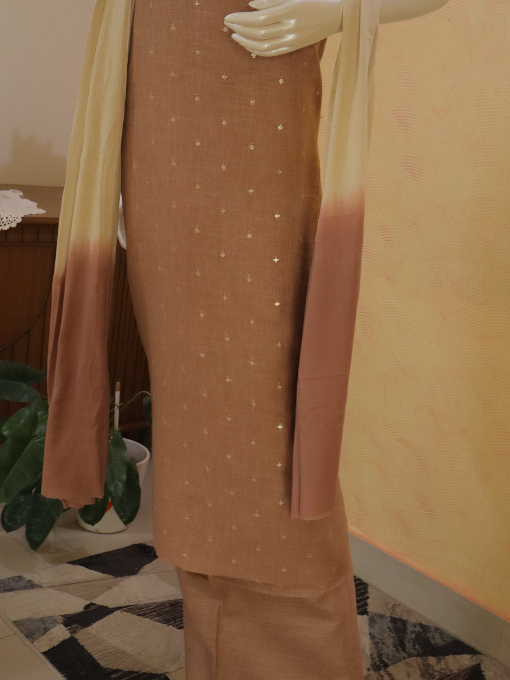 Chocolate Light Brown  Linen Kurta Set material with Embroidered Butas &  Mul Cotton Dupatta