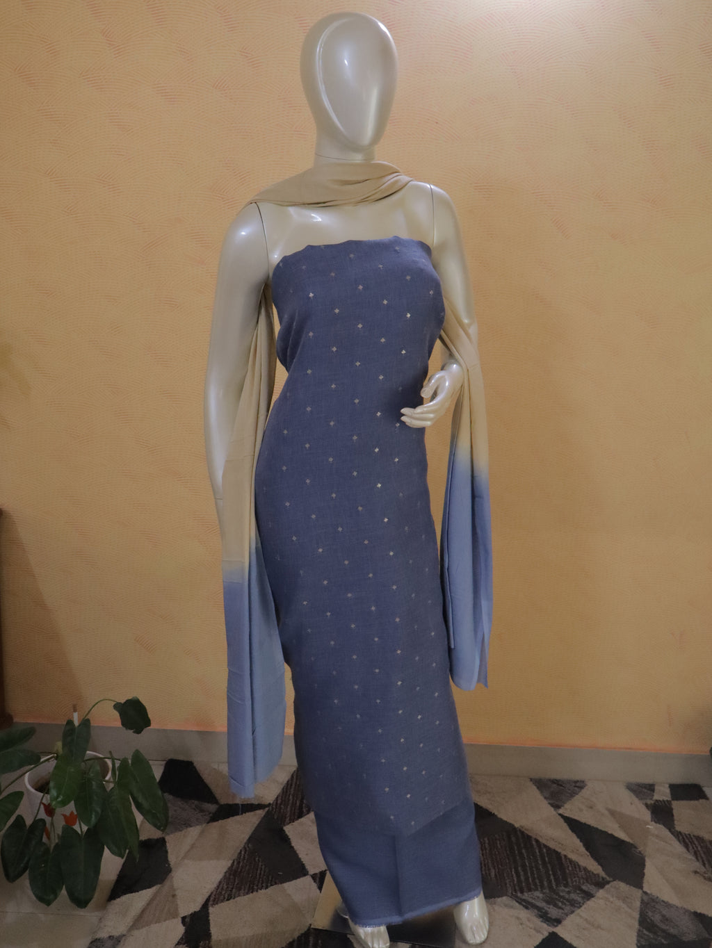 Pastel Blue  Linen Kurta Set material with Embroidered Butas &  Mul Cotton Dupatta