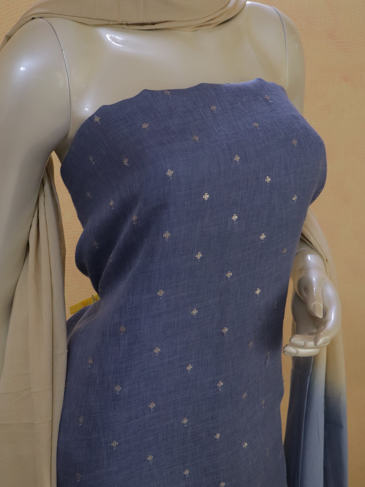 Pastel Blue  Linen Kurta Set material with Embroidered Butas &  Mul Cotton Dupatta