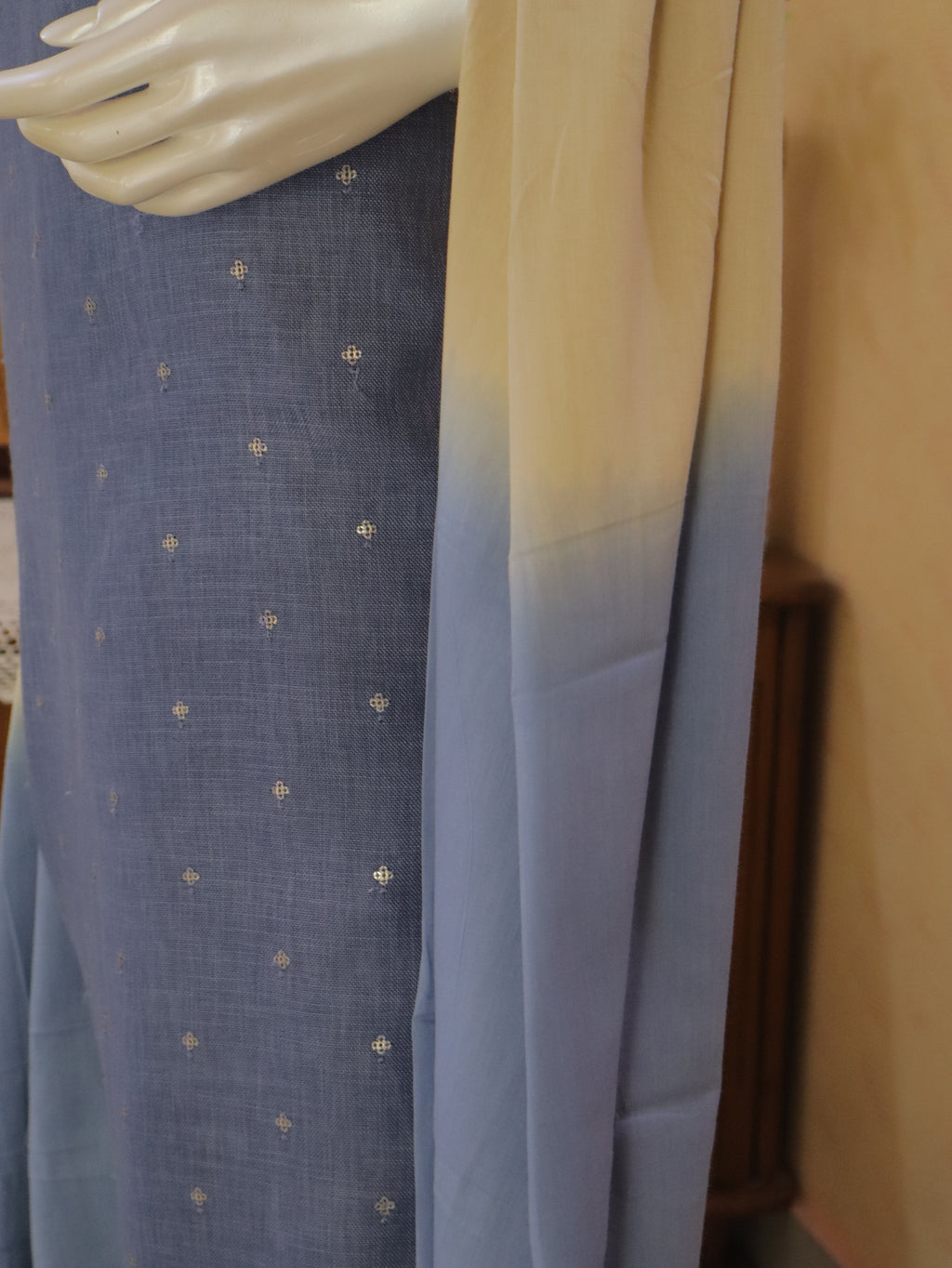 Pastel Blue  Linen Kurta Set material with Embroidered Butas &  Mul Cotton Dupatta