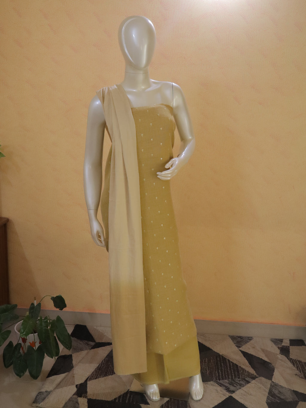 Mustard Yellow  Linen Kurta Set material with Embroidered Butas &  Mul Cotton Dupatta