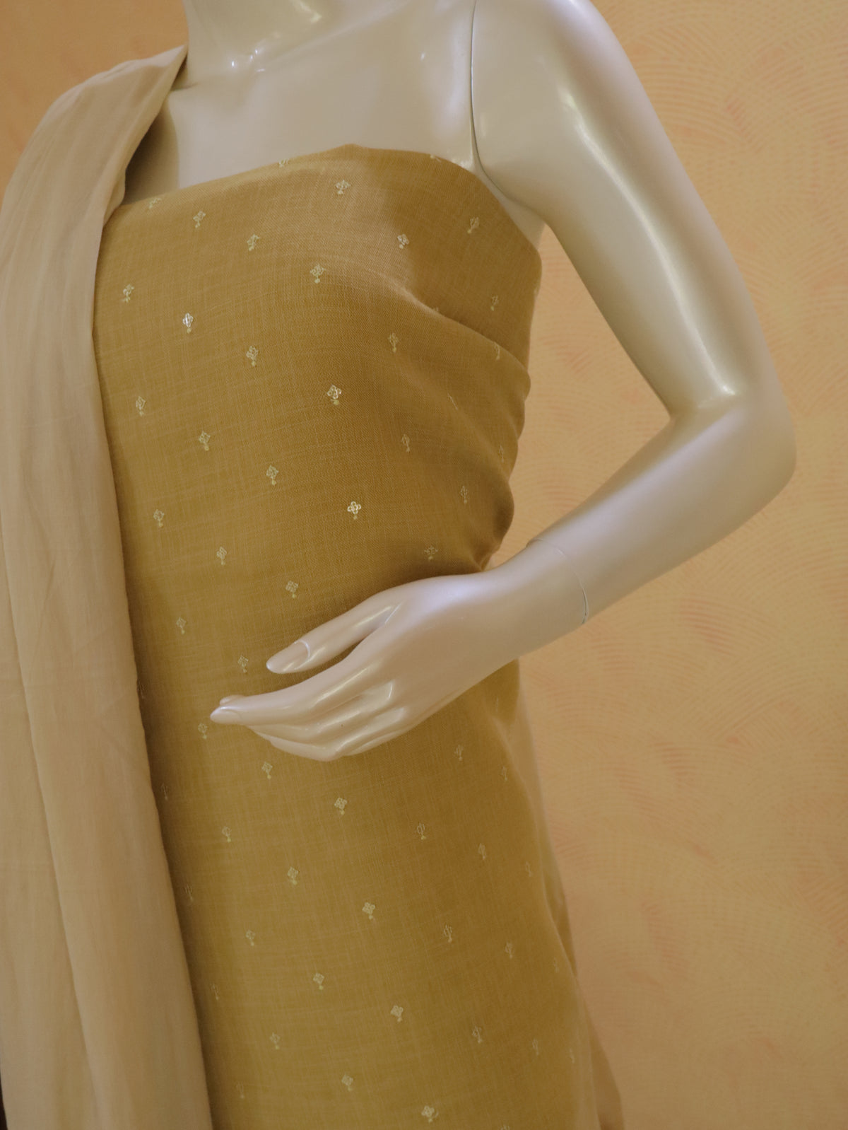 Mustard Yellow  Linen Kurta Set material with Embroidered Butas &  Mul Cotton Dupatta