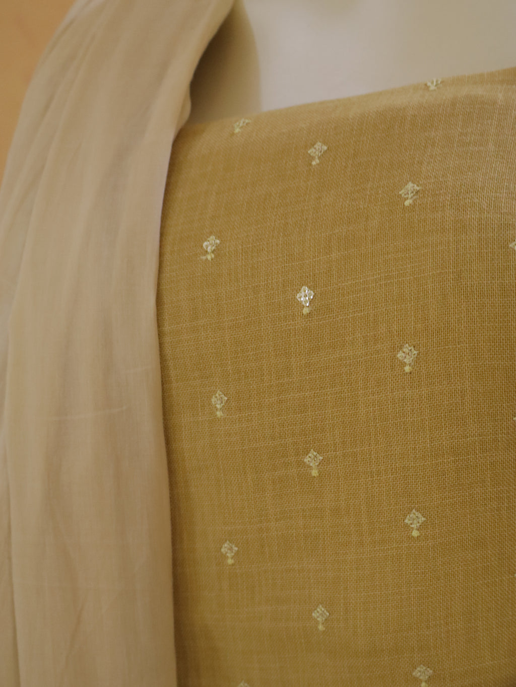 Mustard Yellow  Linen Kurta Set material with Embroidered Butas &  Mul Cotton Dupatta