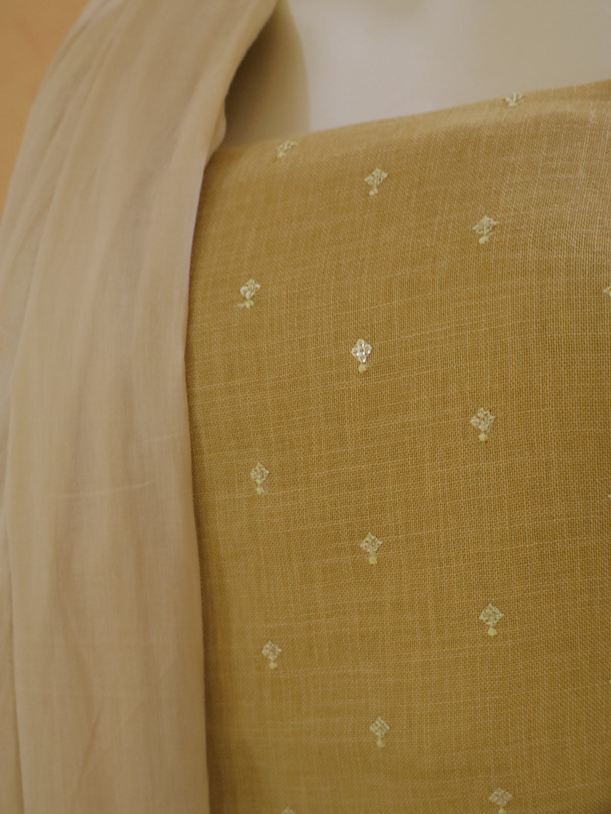 Mustard Yellow  Linen Kurta Set material with Embroidered Butas &  Mul Cotton Dupatta