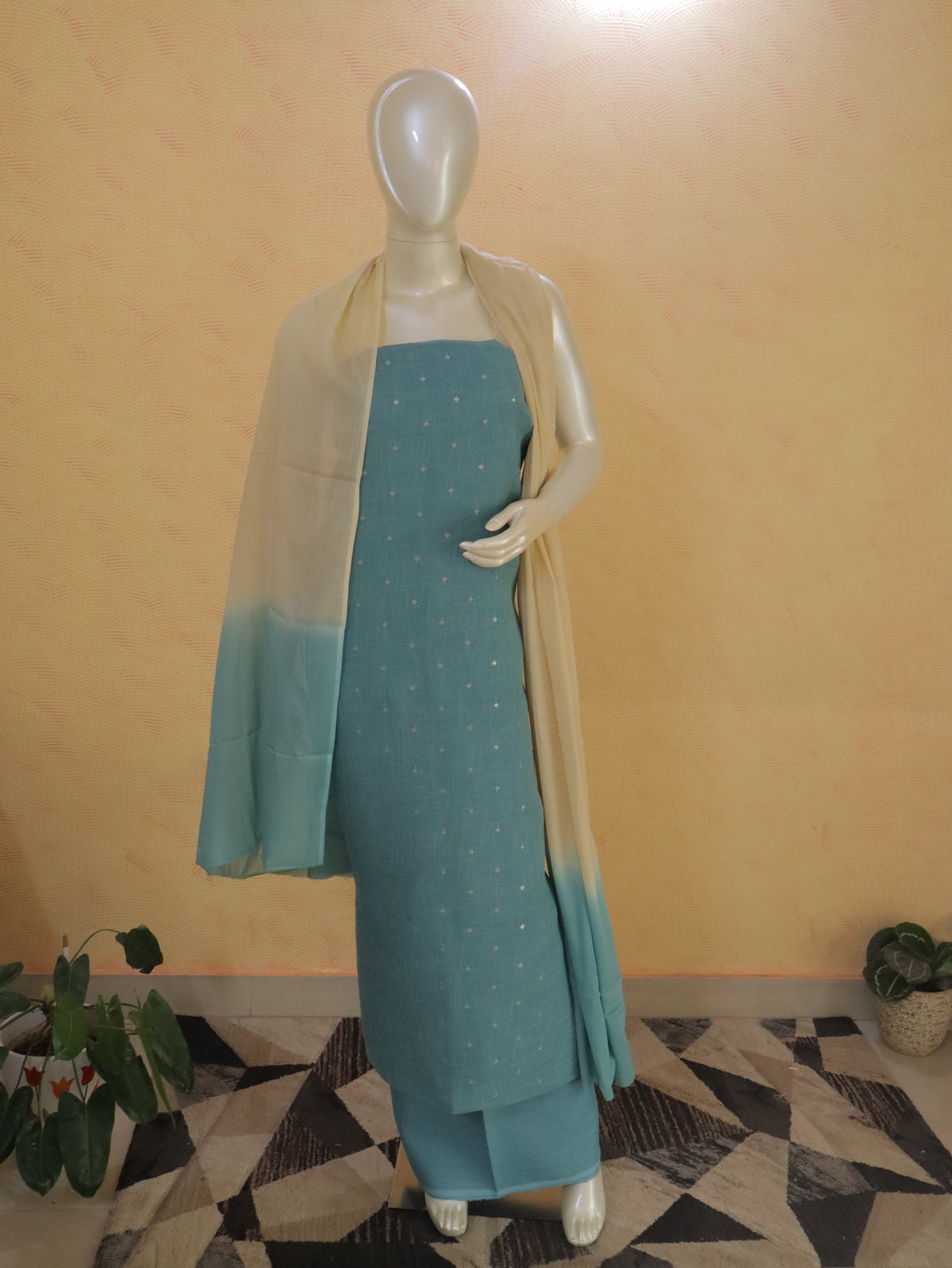 Sage Green  Linen Kurta Set material with Embroidered Butas &  Mul Cotton Dupatta