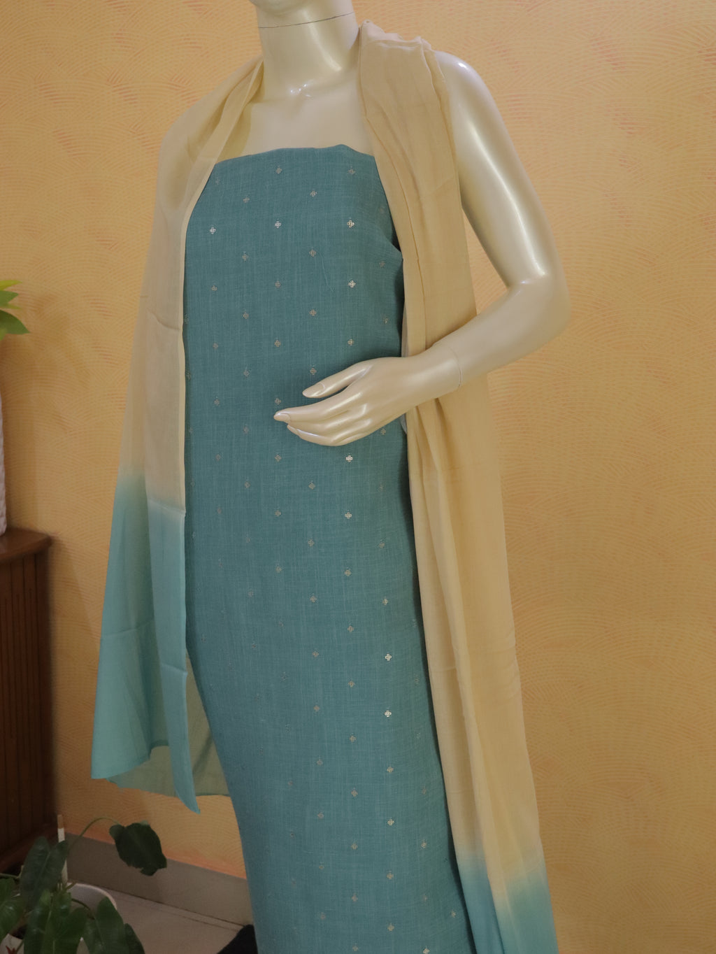 Sage Green  Linen Kurta Set material with Embroidered Butas &  Mul Cotton Dupatta