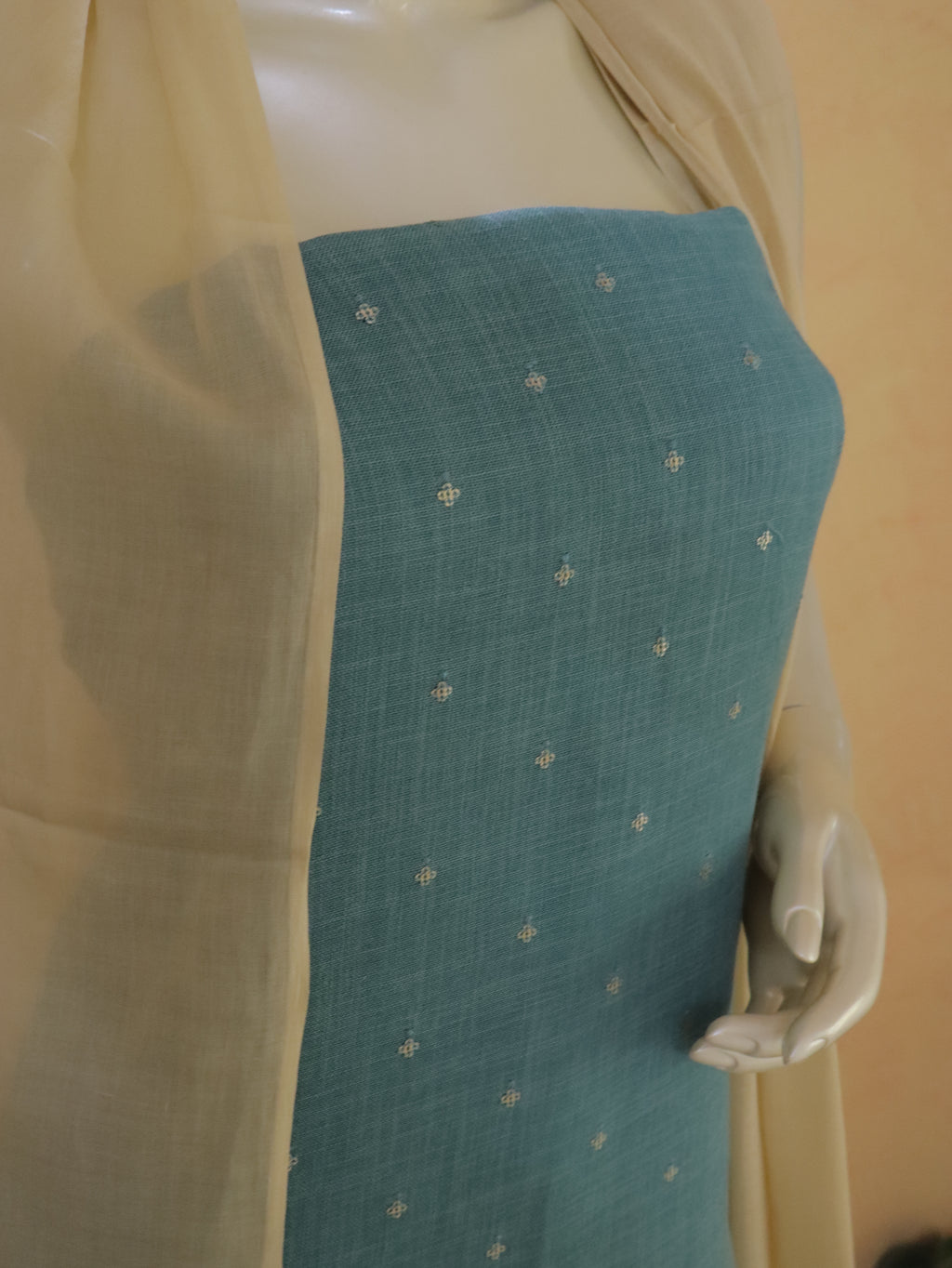Sage Green  Linen Kurta Set material with Embroidered Butas &  Mul Cotton Dupatta