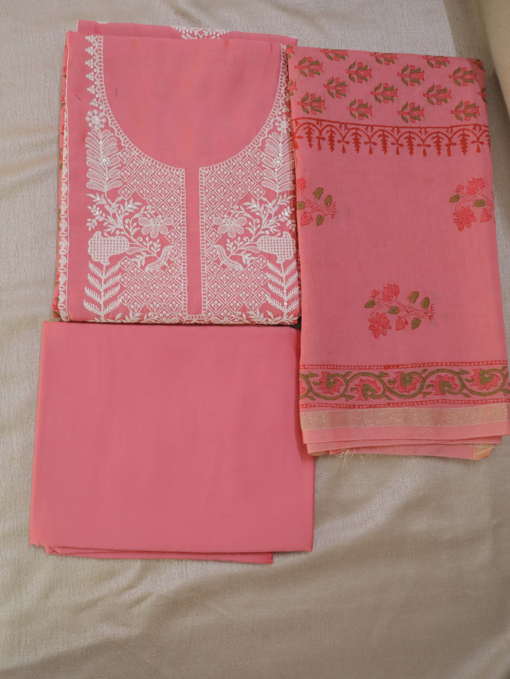 Blush Rose Embroidered unstitched Churidhar Set with chanderi Dupatta & Floral Threadwork