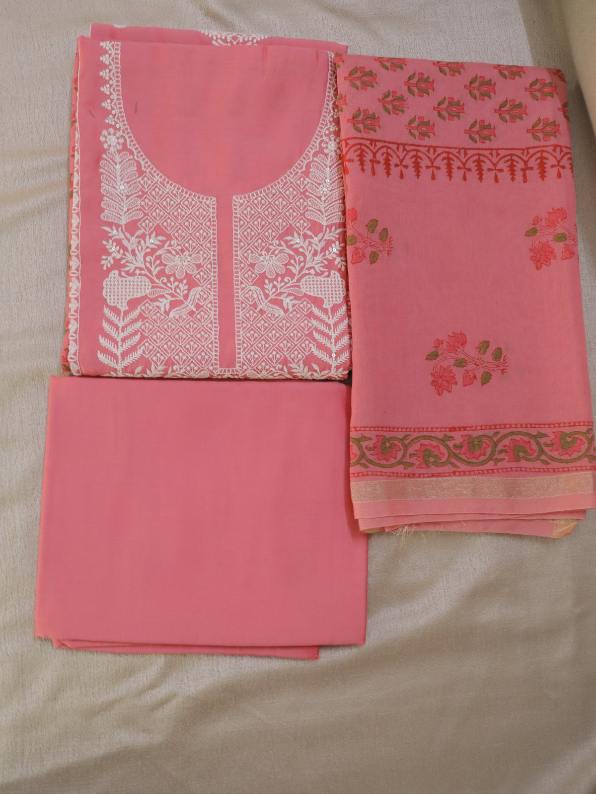 Blush Rose Embroidered unstitched Churidhar Set with chanderi Dupatta & Floral Threadwork