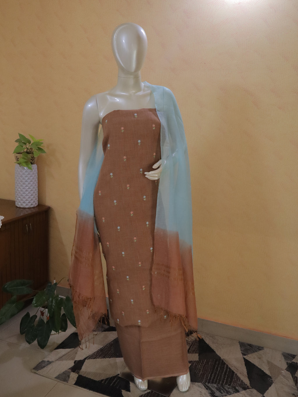 Light Chocolate Brown Linen Kurta Set material with Embroidered Butas & Glass Kotta Dupatta
