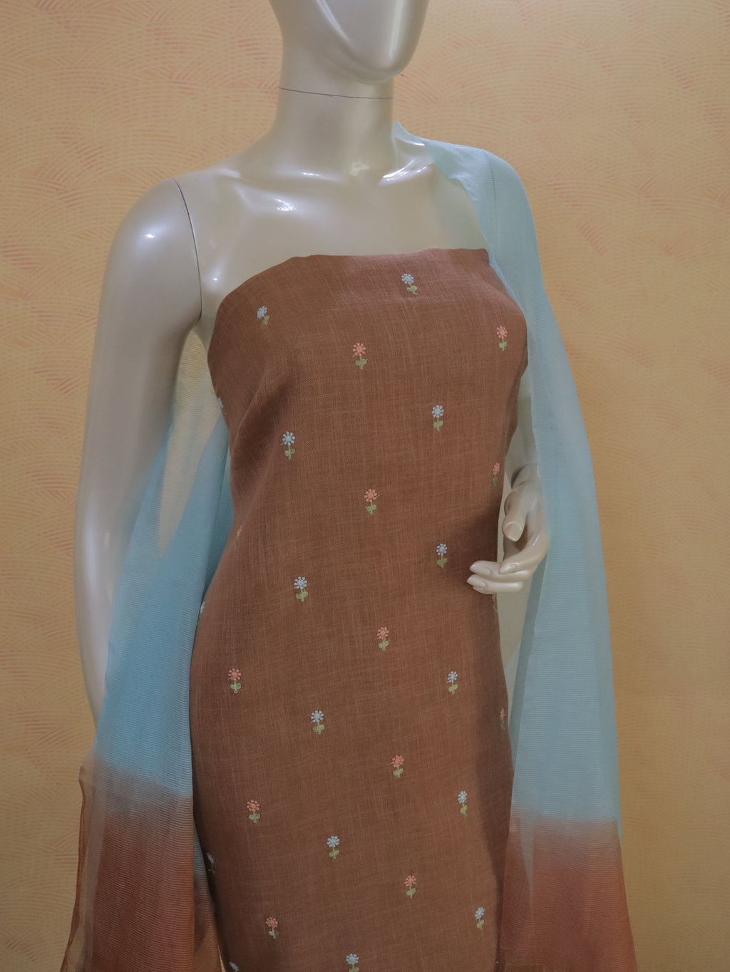 Light Chocolate Brown Linen Kurta Set material with Embroidered Butas & Glass Kotta Dupatta