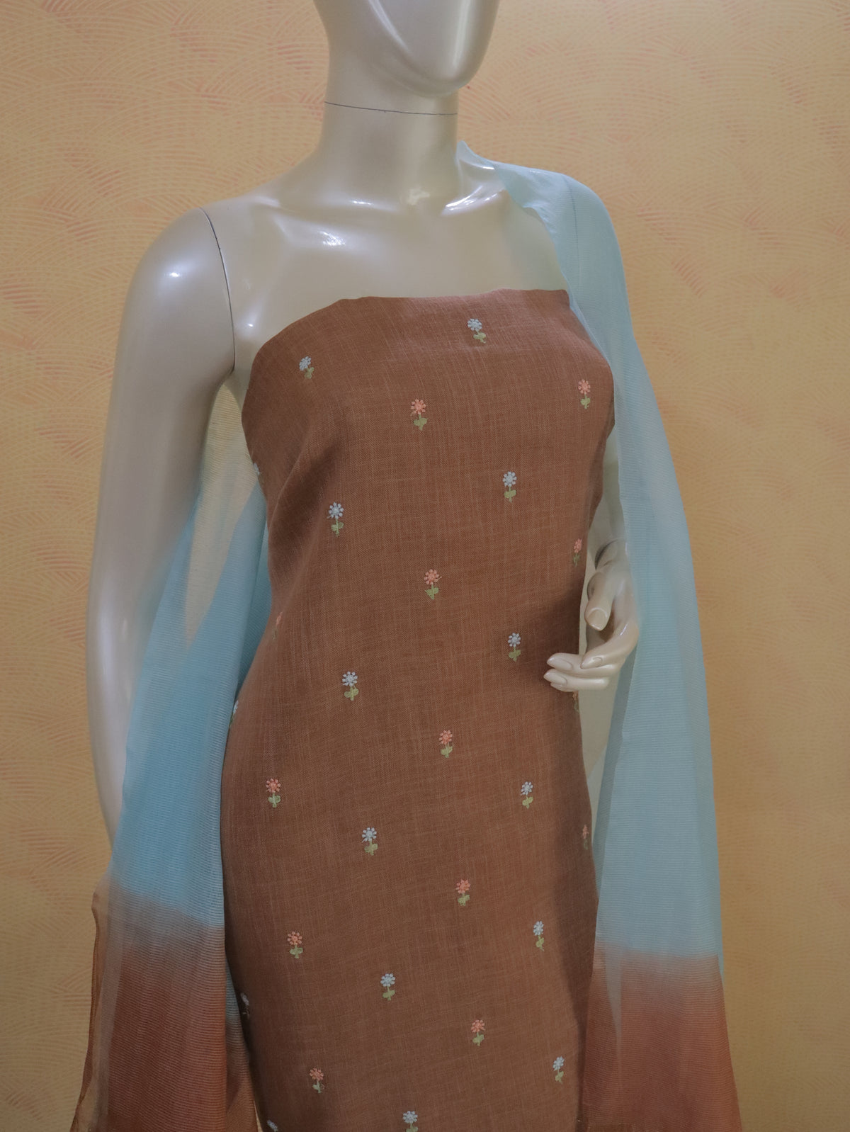 Light Chocolate Brown Linen Kurta Set material with Embroidered Butas & Glass Kotta Dupatta
