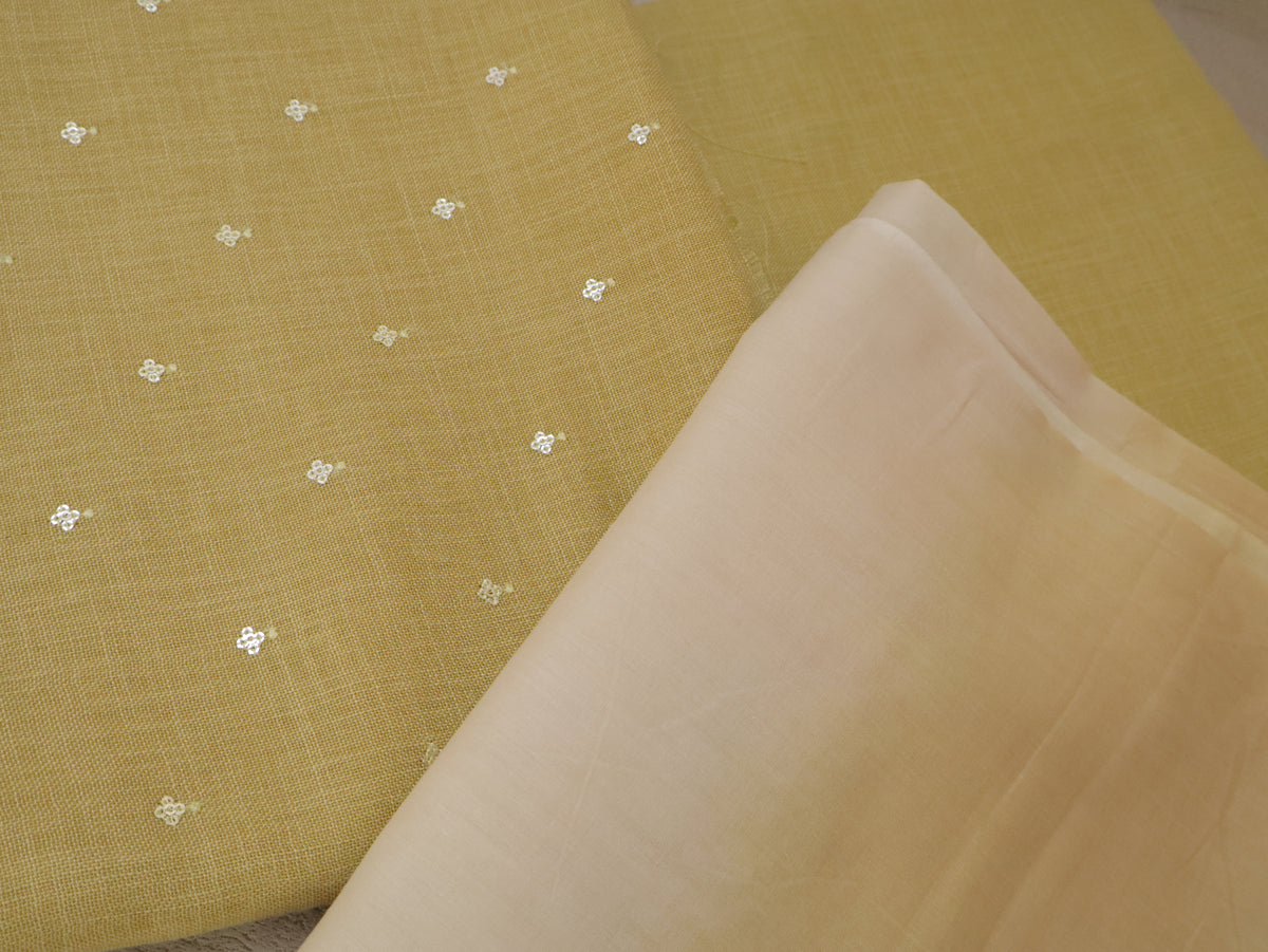Mustard Yellow  Linen Kurta Set material with Embroidered Butas &  Mul Cotton Dupatta