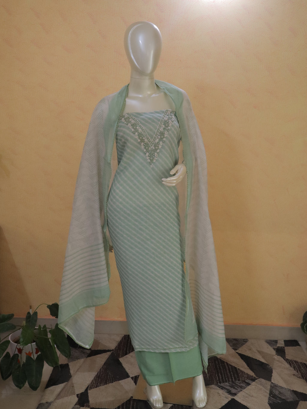 Linen chanderi Pastel Green Embroidered/Handwork unstitched Churidhar Set