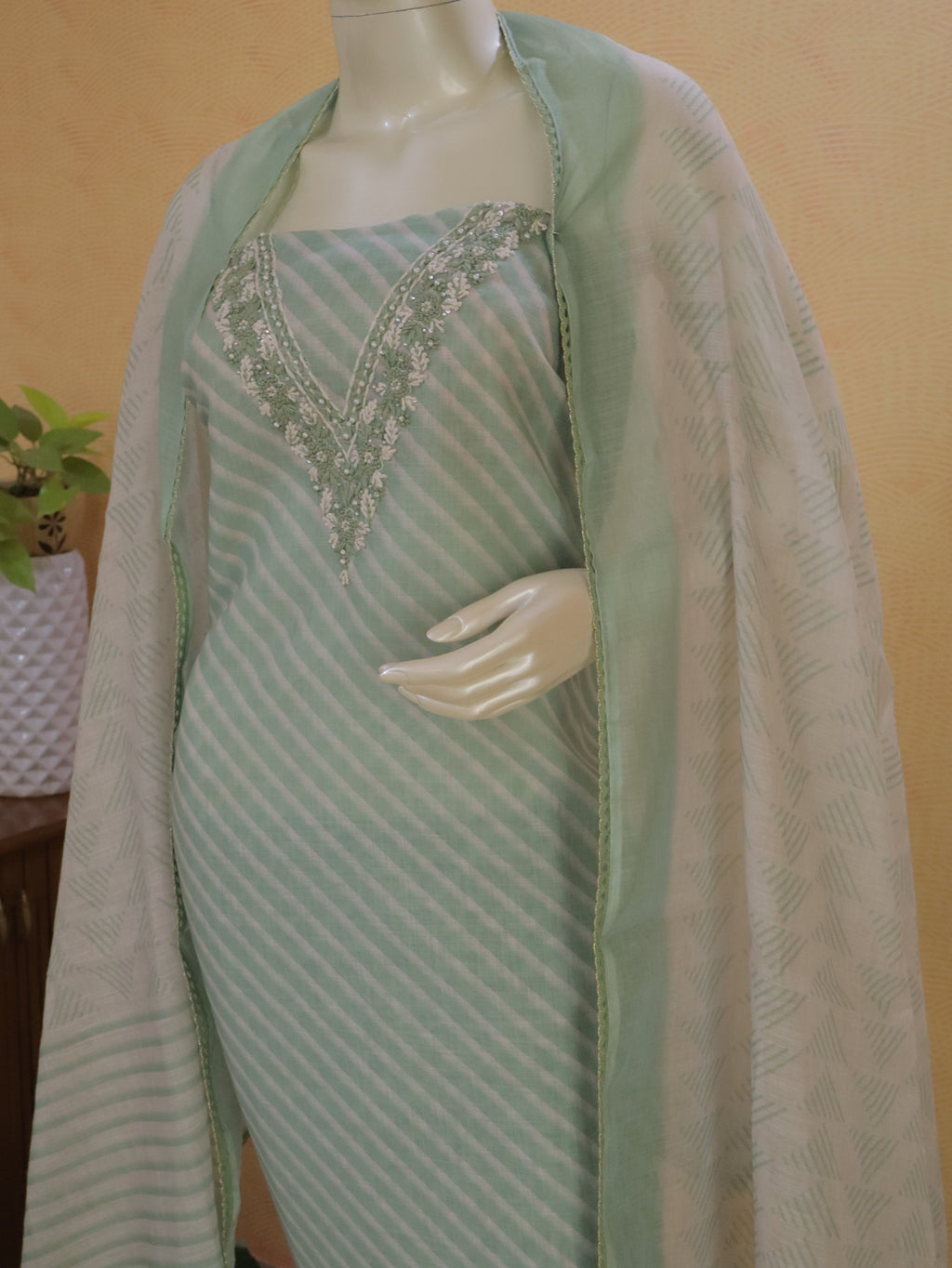 Linen chanderi Pastel Green Embroidered/Handwork unstitched Churidhar Set