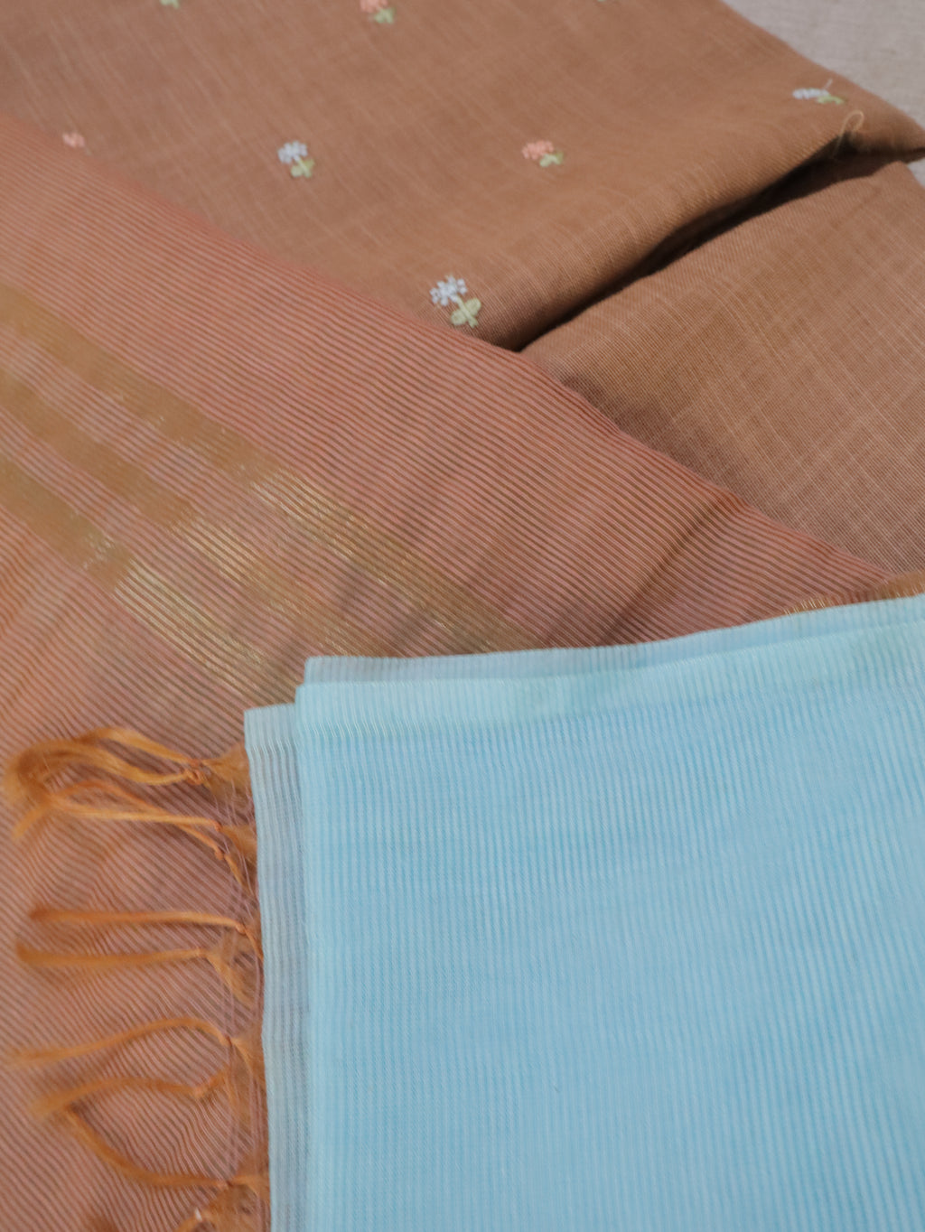Light Chocolate Brown Linen Kurta Set material with Embroidered Butas & Glass Kotta Dupatta