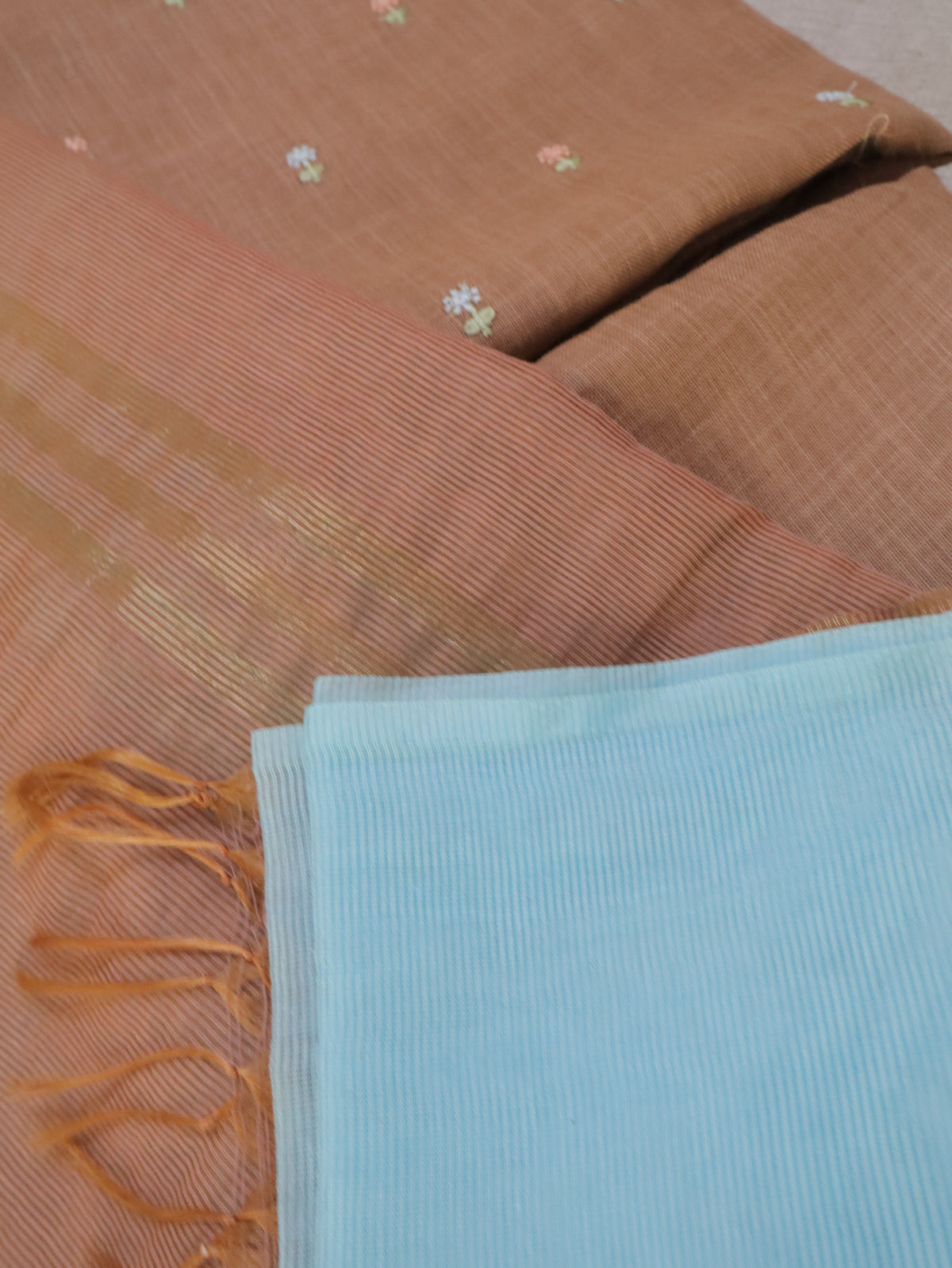 Light Chocolate Brown Linen Kurta Set material with Embroidered Butas & Glass Kotta Dupatta