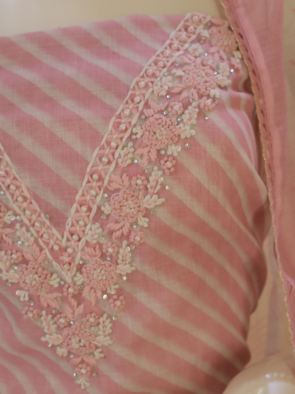 Linen chanderi Pastel pink Embroidered/Handwork unstitched Churidhar Set