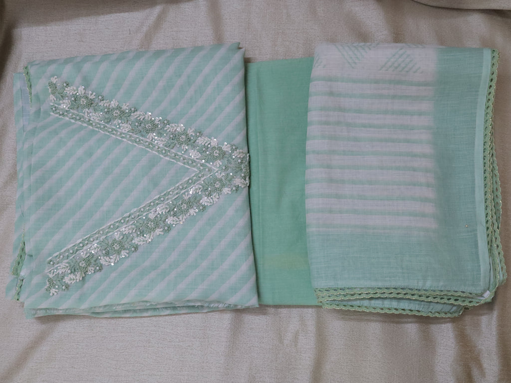 Linen chanderi Pastel Green Embroidered/Handwork unstitched Churidhar Set