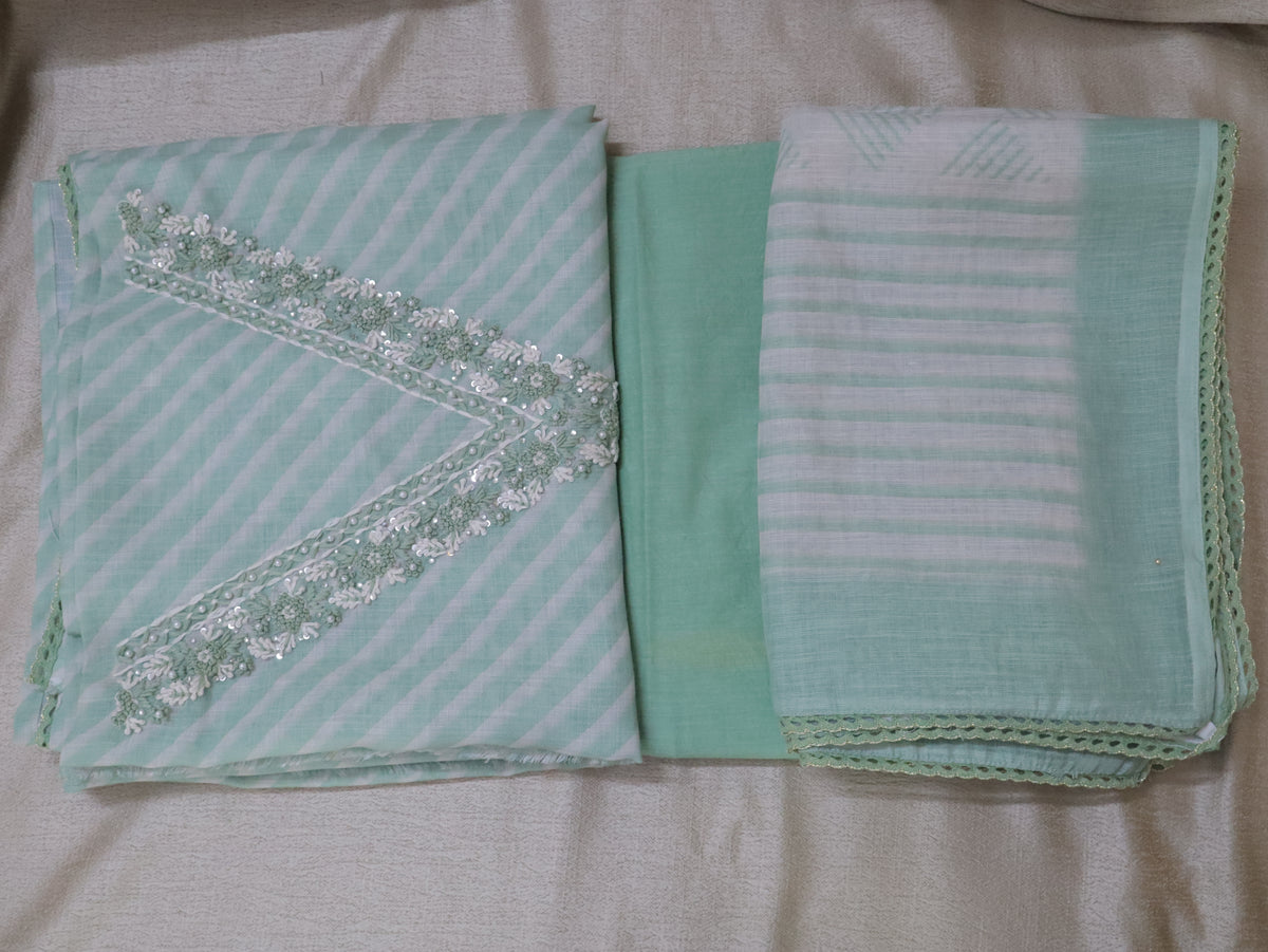 Linen chanderi Pastel Green Embroidered/Handwork unstitched Churidhar Set