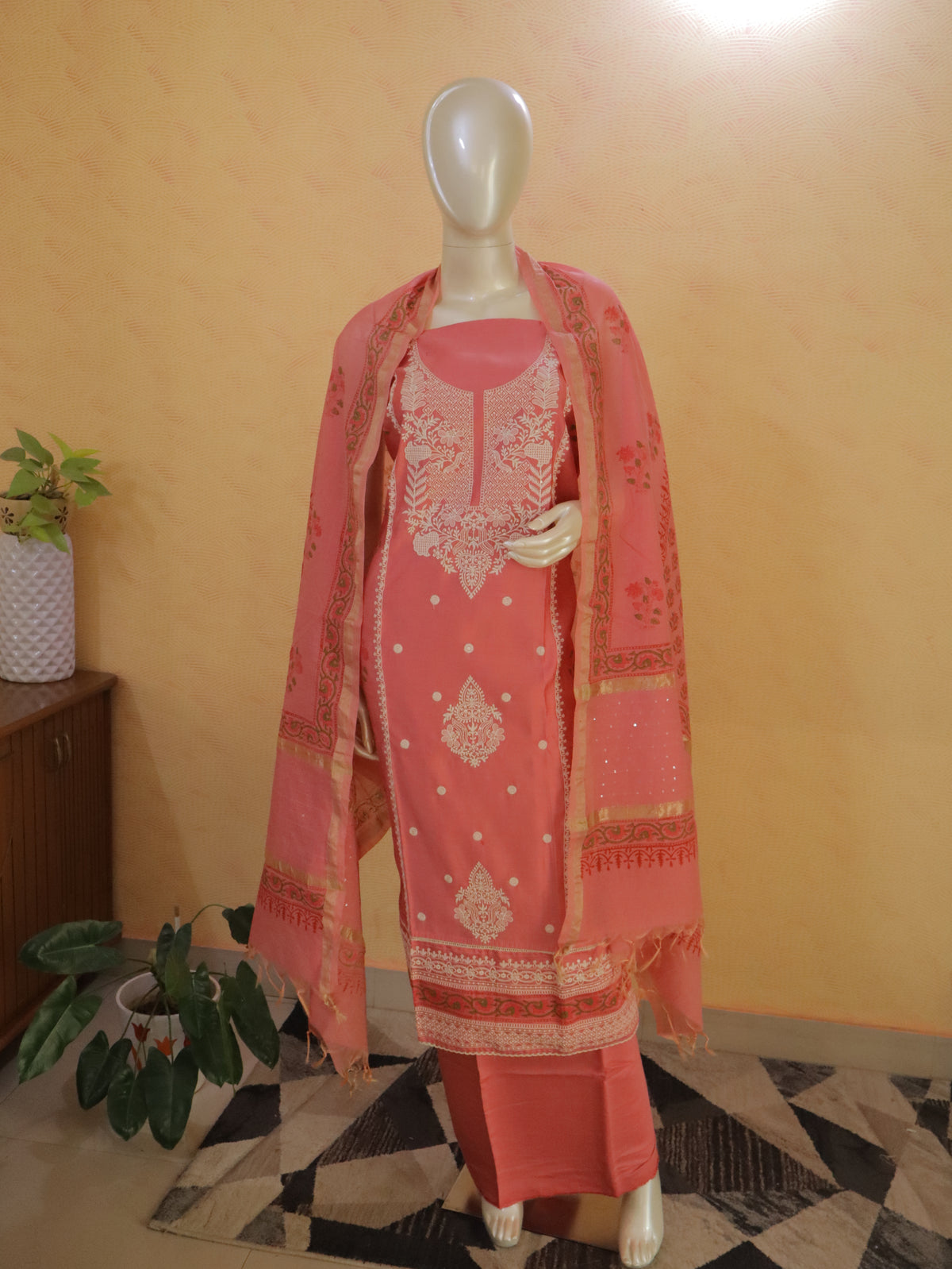 Blush Rose Embroidered unstitched Churidhar Set with chanderi Dupatta & Floral Threadwork