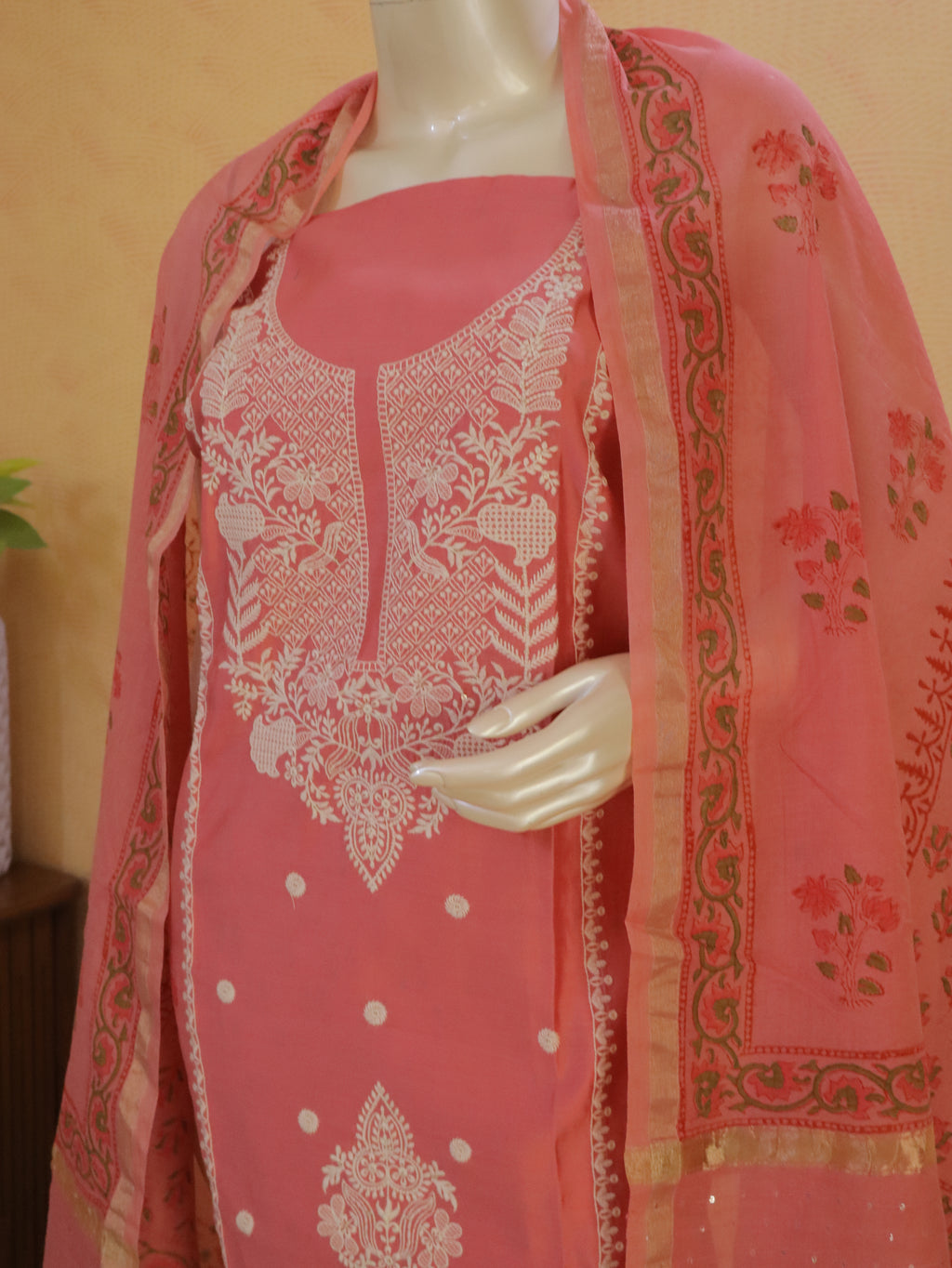 Blush Rose Embroidered unstitched Churidhar Set with chanderi Dupatta & Floral Threadwork