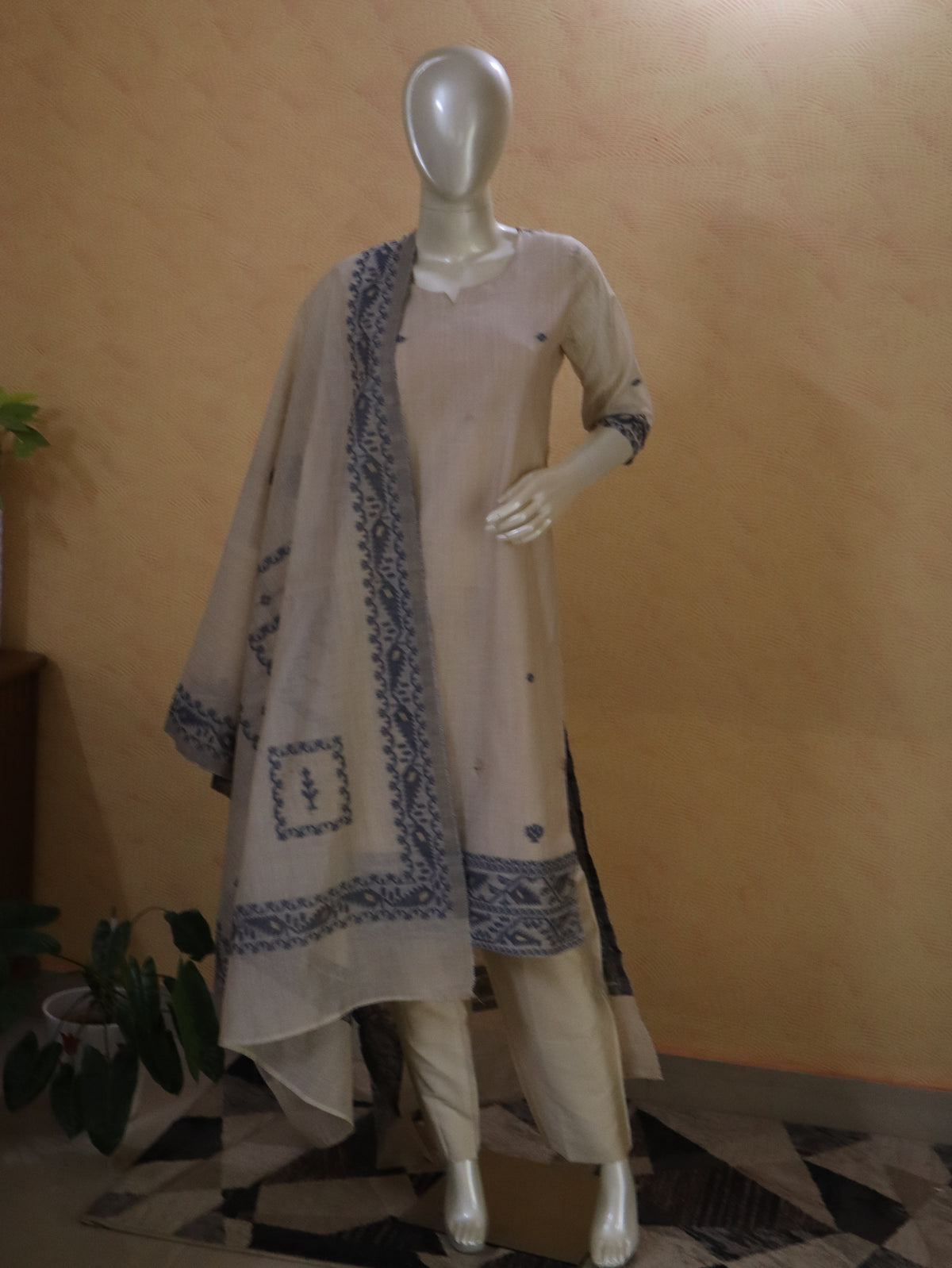 Elegant Chanderi Jhamdhani Blue Stitched Suit with Golden Butas & Lining