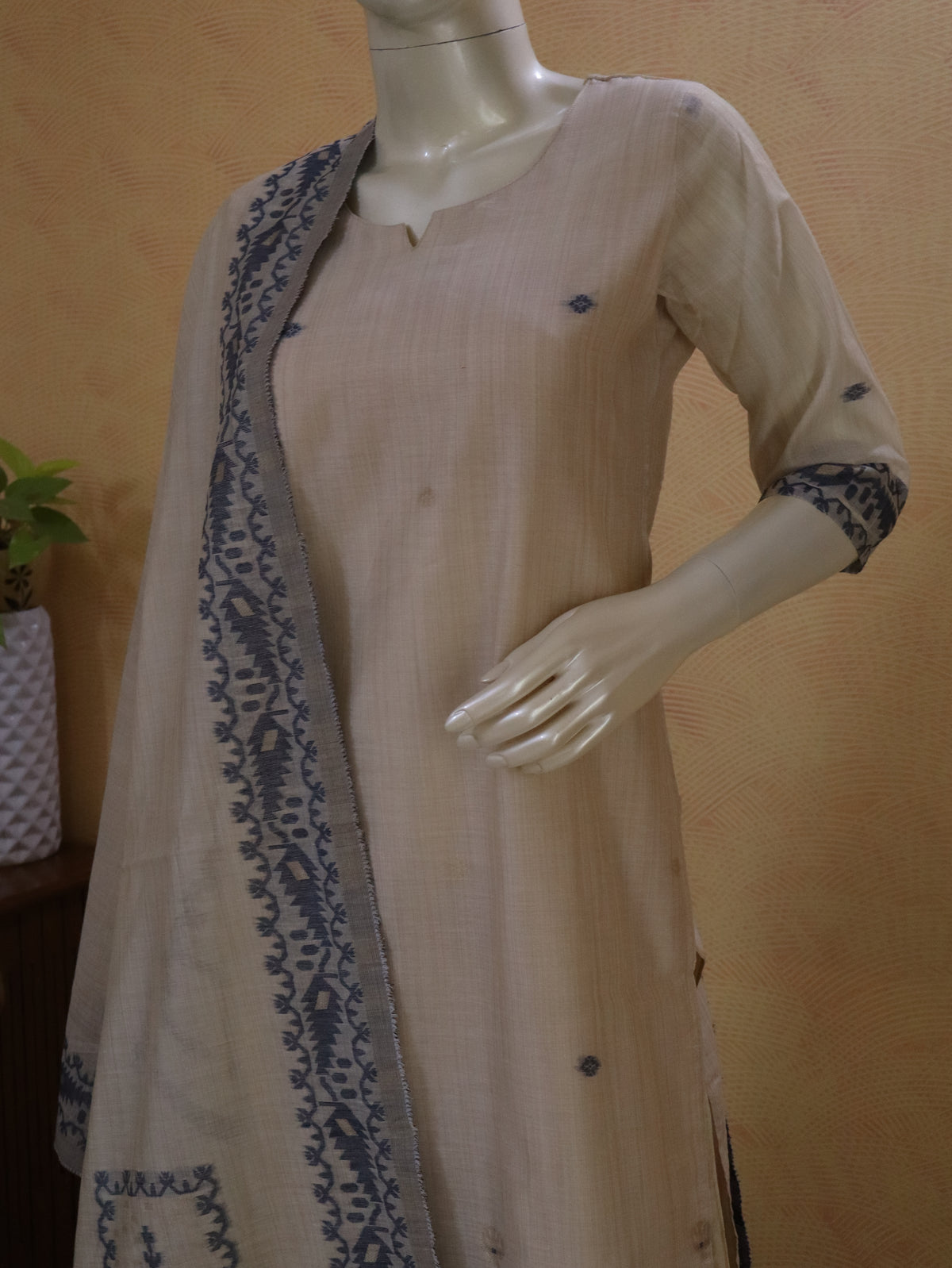 Elegant Chanderi Jhamdhani Blue Stitched Suit with Golden Butas & Lining