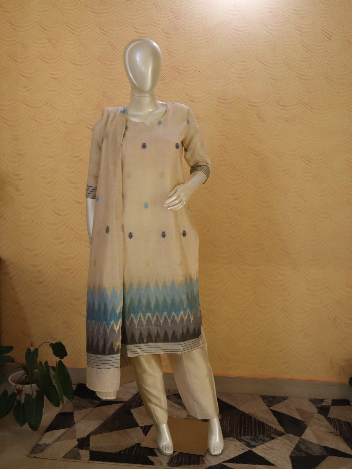 Elegant Chanderi Jhamdhani Blue striped Stitched Suit with Golden Butas & Lining