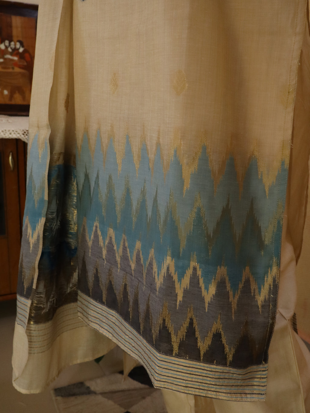 Elegant Chanderi Jhamdhani Blue striped Stitched Suit with Golden Butas & Lining