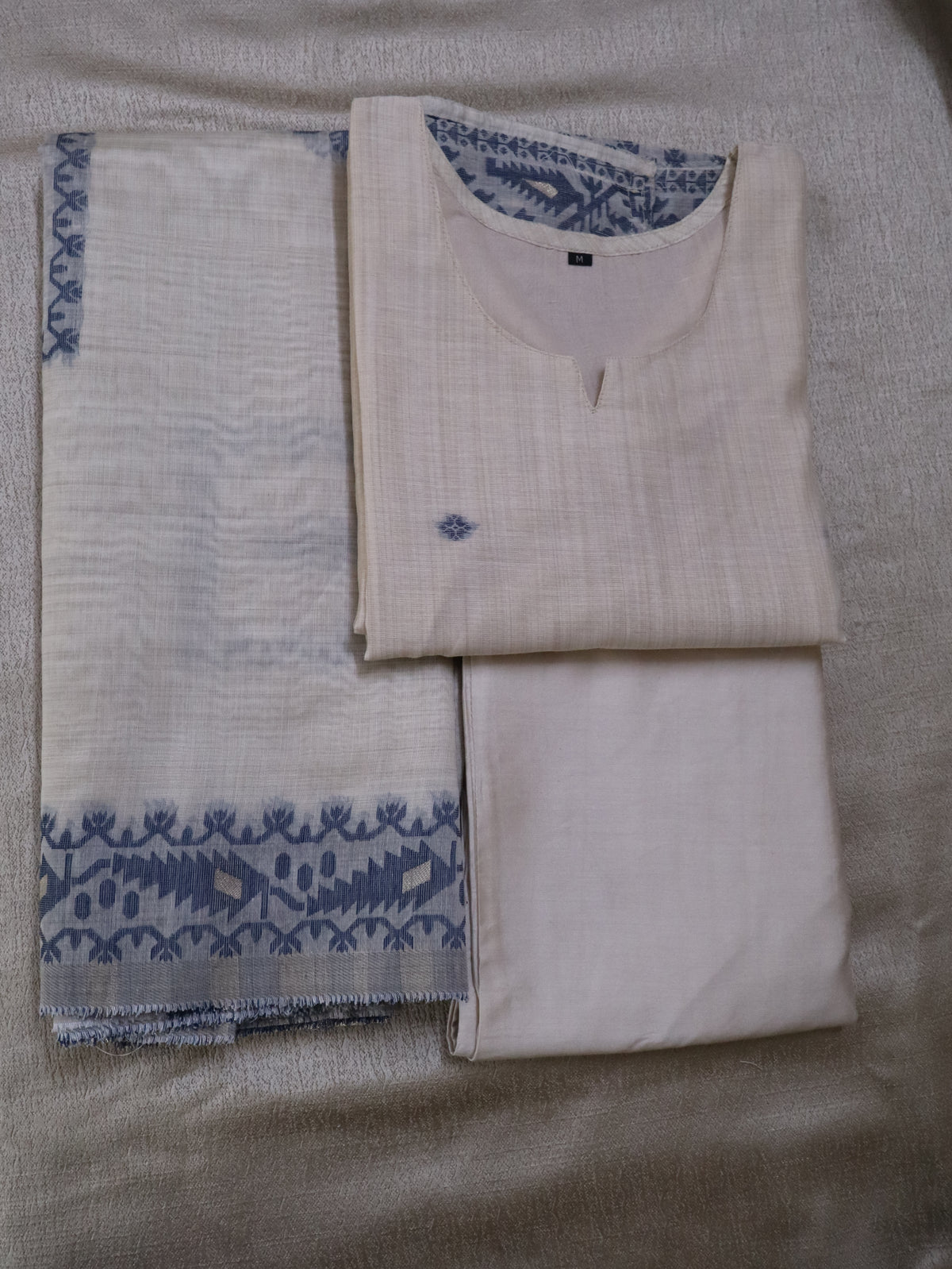 Elegant Chanderi Jhamdhani Blue Stitched Suit with Golden Butas & Lining