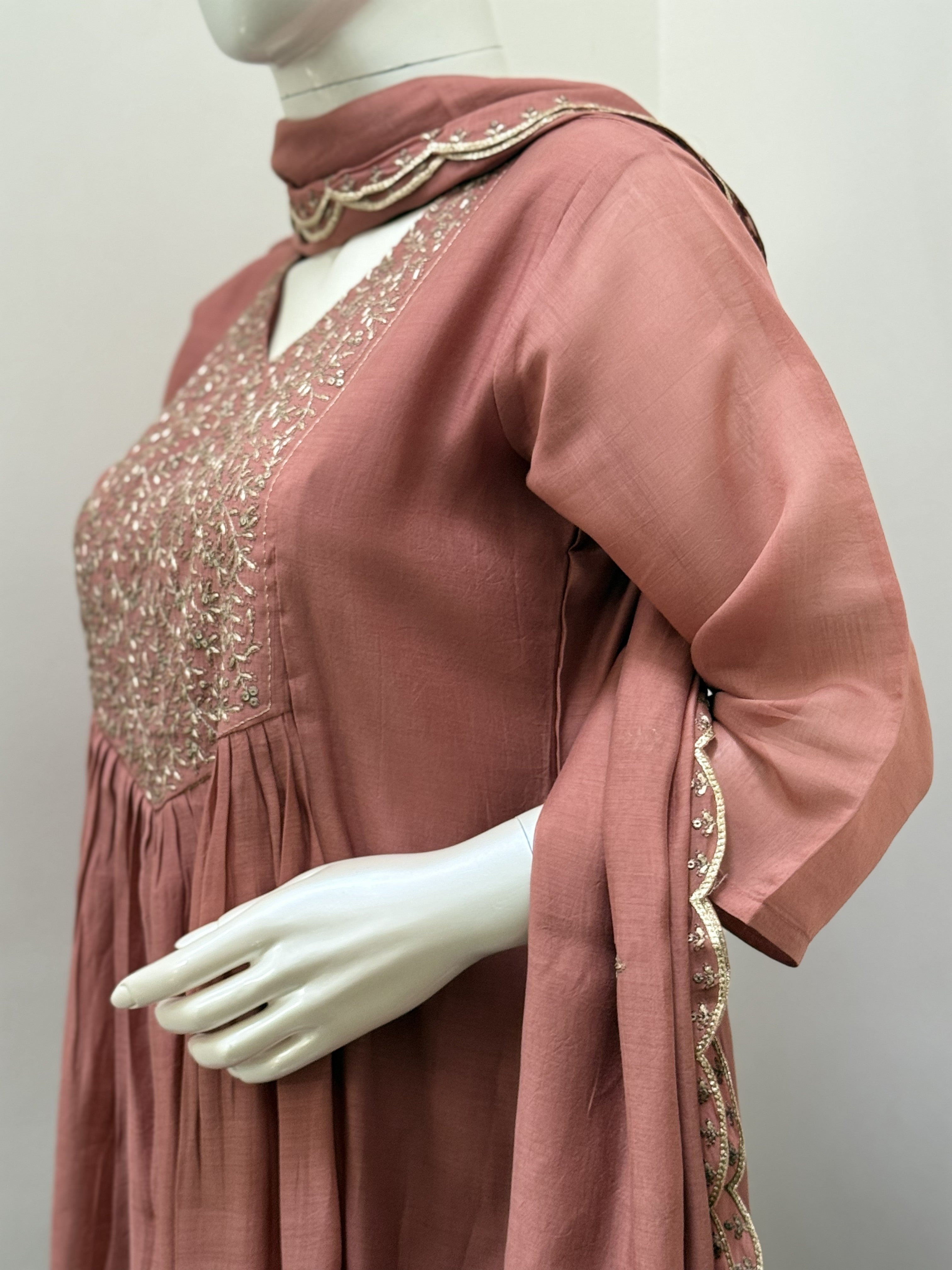 Dusty Rose Mul Chanderi Stitched 3-Piece Churidar Set