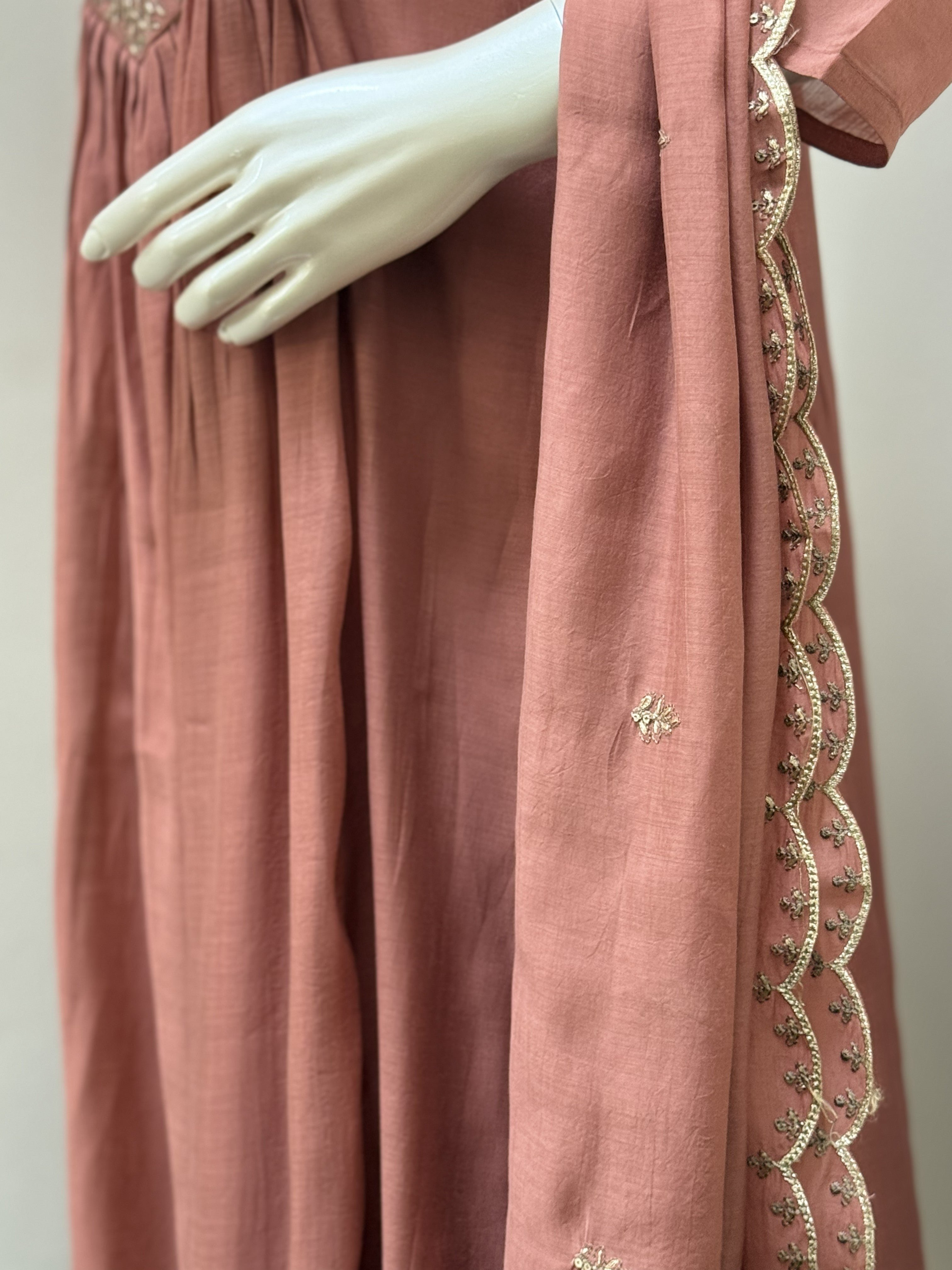 Dusty Rose Mul Chanderi Stitched 3-Piece Churidar Set