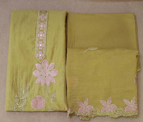 Olive Green & Blush Floral Embroidered 3-Piece Churidar Set