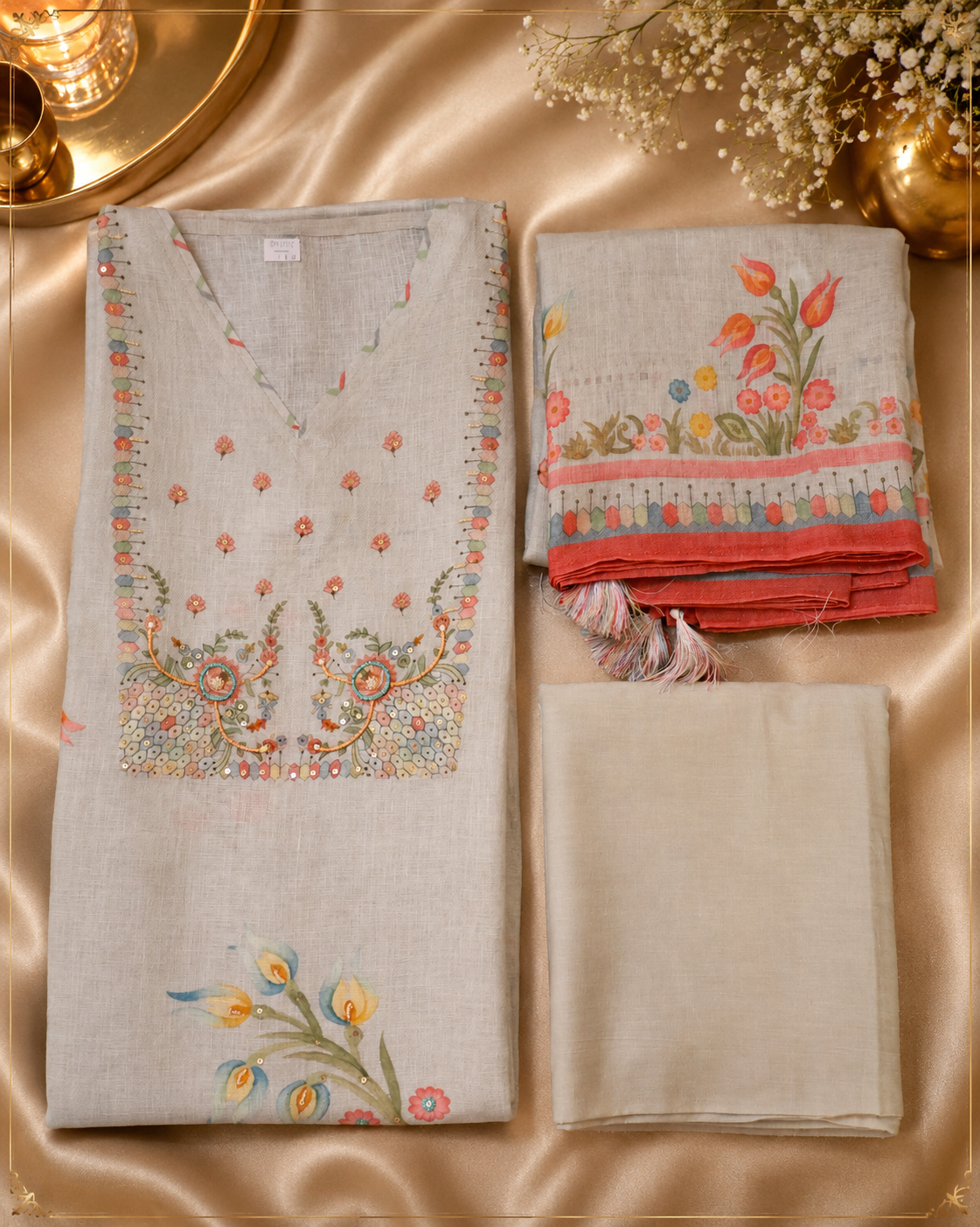 Pastel Bloom Hand painted Linen Semi-Stitched Pure Premium Linen Suit set