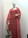 Blush Rose Embroidered unstitched Churidhar Set with Sheer Dupatta & Floral Threadwork