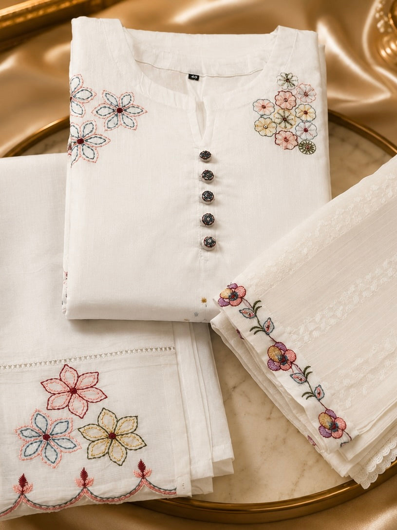 Aulera Signature: The Pristine White Embroidered Mulmul Set