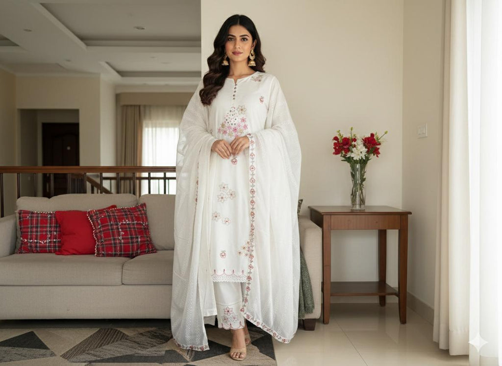 Aulera Signature: The Pristine White Embroidered Mulmul Set